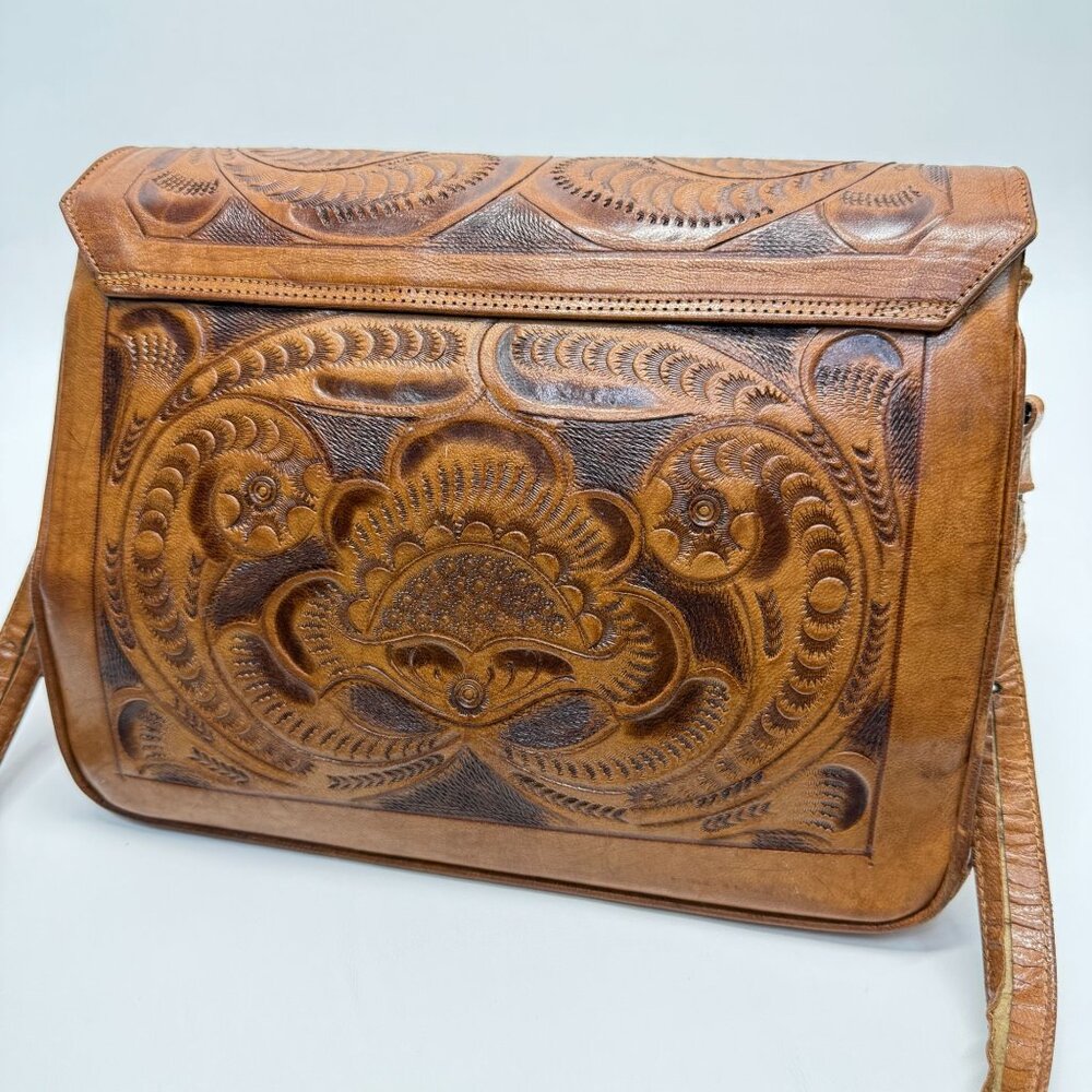 Vintage Hand Tooled Leather Shoulder Bag Made In Mexico Rose Flower - Picture 8 of 16